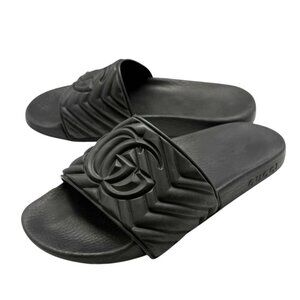 Gucci Womens Black Matelasse Quilted GG Rubber Slides Sandals Logo Size 37 / 7